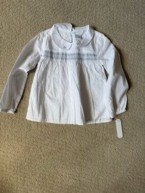 Edgehill Collection White Long-Sleeve Smocked Top with Light Blue Accents